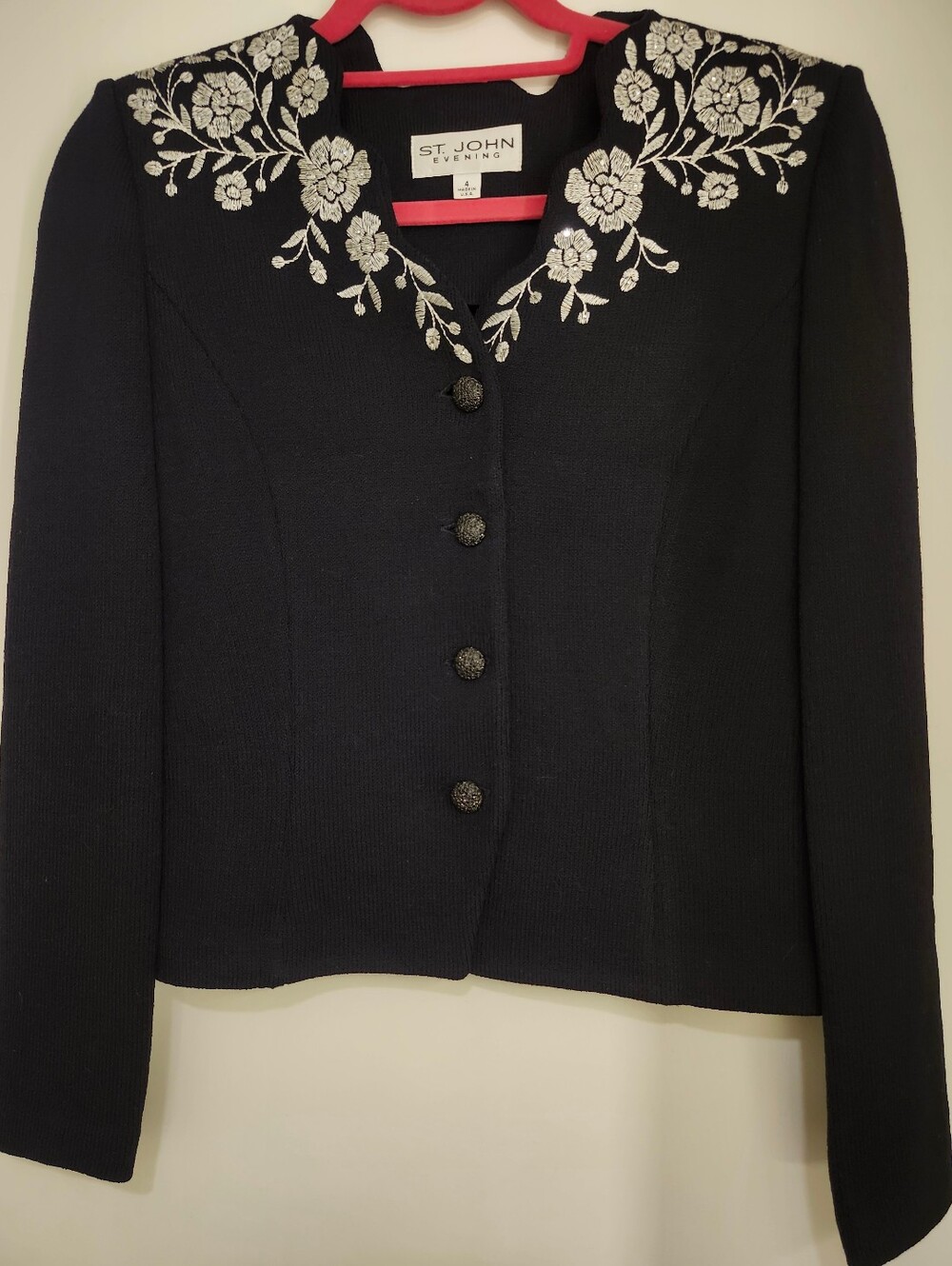 St. John Evening Vintage Black Knit Cardigan Sweater With Floral Embroidery